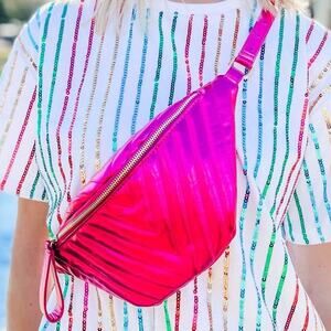 Charlotte Quilted Sling Belt Bag Fanny Pack Metallic Fuchsia
